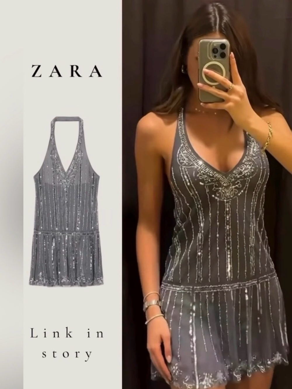 NEW ZARA SEQUIN HALTER MINI DRESS Size Medium Dark Gray 5063/313/922